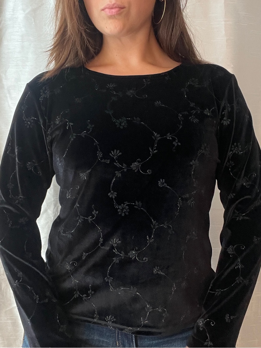 Central Park West Velvet Top Large Black Floral Glitter Burnout Whimsigoth Y2K